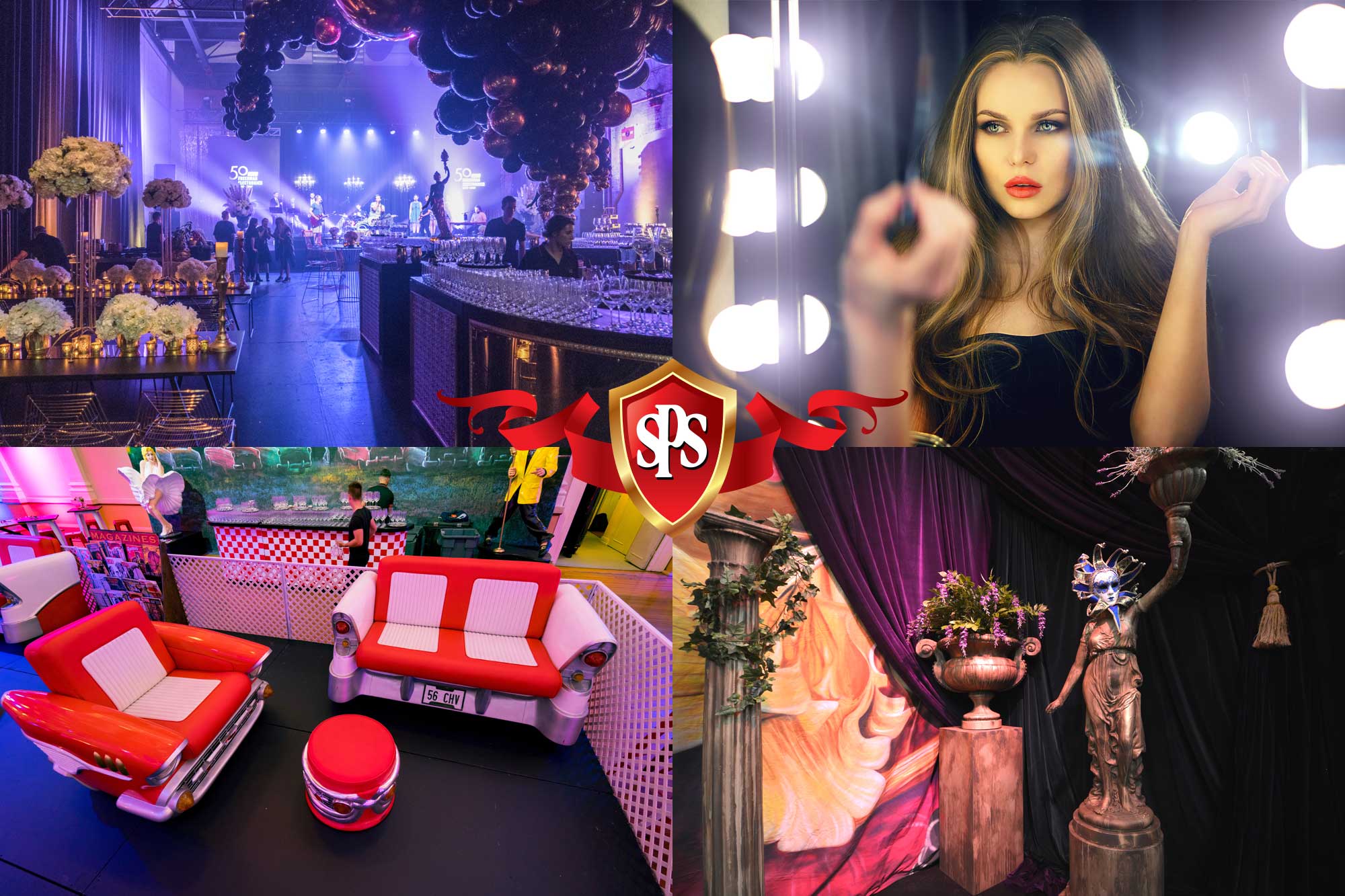 Event space with stage and tables, seating area with red automobile-themed furniture, and a model posing in front of vanity lighting.