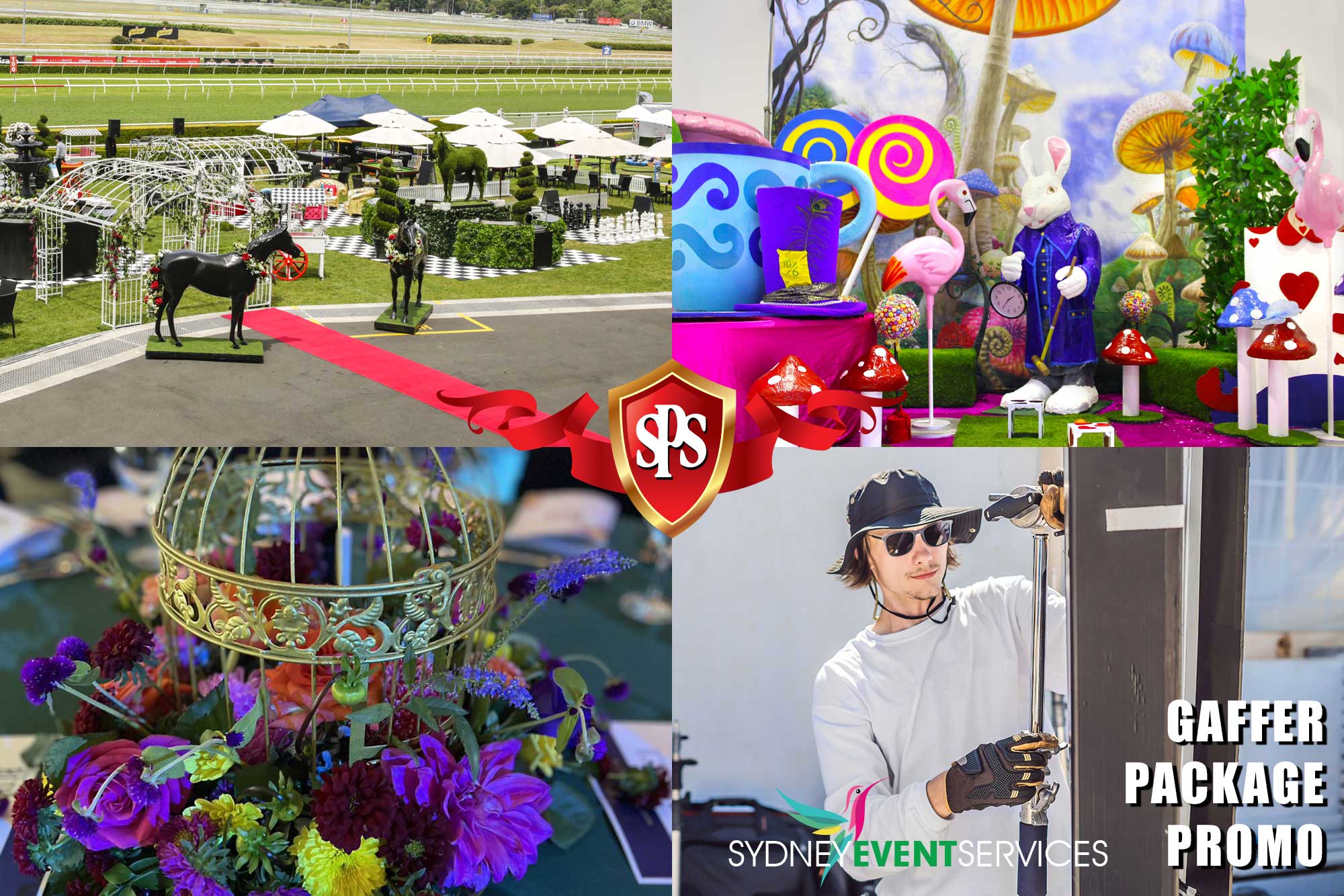 Collage of event setup scenes featuring horse sculptures, floral arrangements, 'Alice in Wonderland' decor, and event staff assembling equipment.