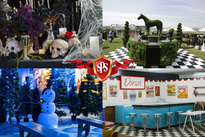 Four diverse event setups, including a Halloween scene, a horse-themed garden, a winter display with a snowman, and a retro diner.