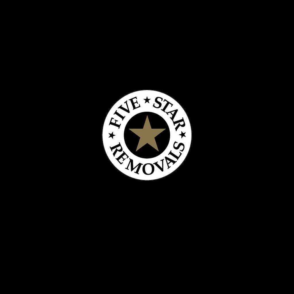 Five Star Removals logo with a gold star inside a white circle with black text on a black background, promoting moving services.