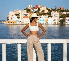 Woman in white crop top and beige trousers wearing a sunhat by the water with colorful buildings in the background