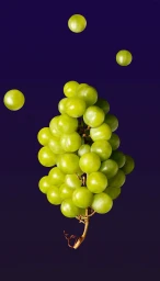 Bunch of fresh green grapes with floating individual grapes against a solid dark purple background.