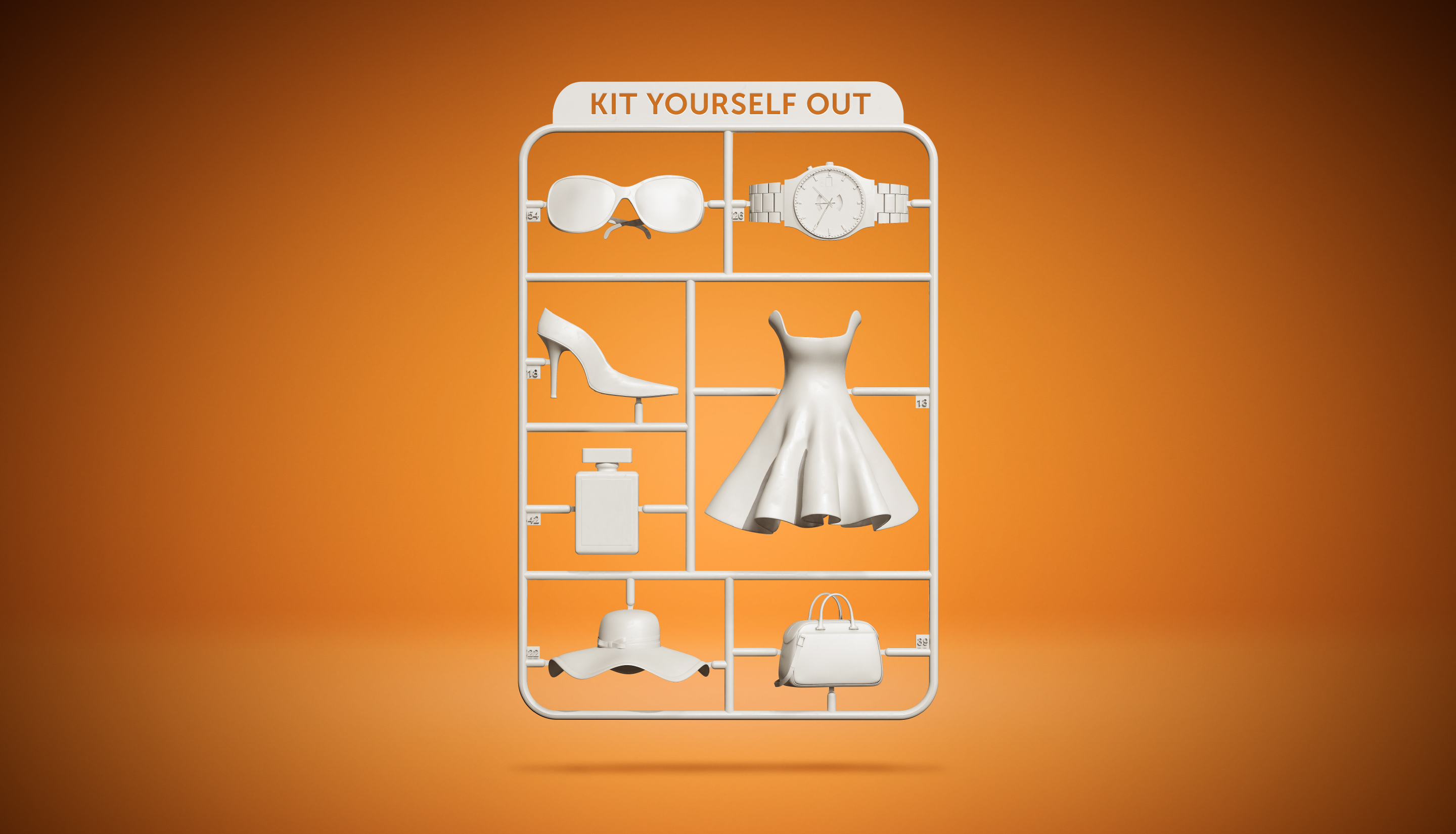 White plastic model kit of women's fashion items including a dress, purse, high-heeled shoes, hat, sunglasses and a watch on orange background.