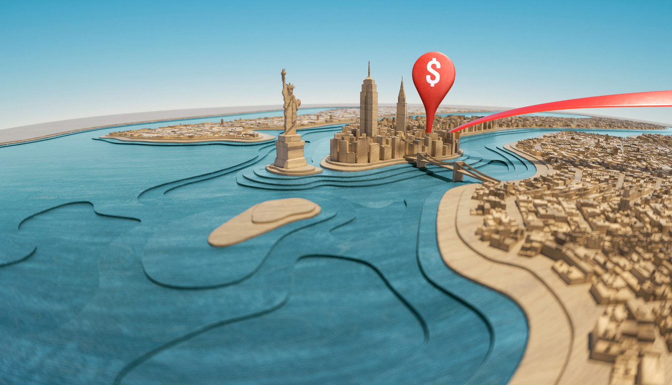 3D rendering of New York City and the Statue of Liberty with a red pin marker with a dollar sign on top of buildings.