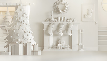 Monochromatic paper art showcasing a festive Christmas scene with a tree, gifts, stockings, and a fireplace, all in white.