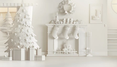 Monochromatic paper art showcasing a festive Christmas scene with a tree, gifts, stockings, and a fireplace, all in white.