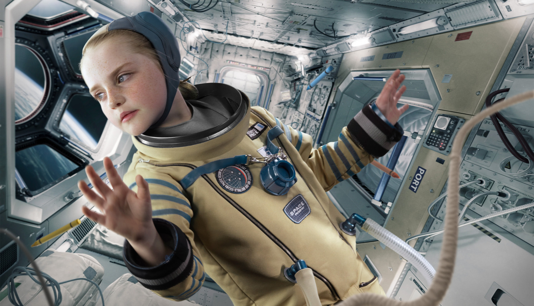 A child astronaut in a yellow spacesuit floats inside a space station module, looking out of a window at planet Earth.