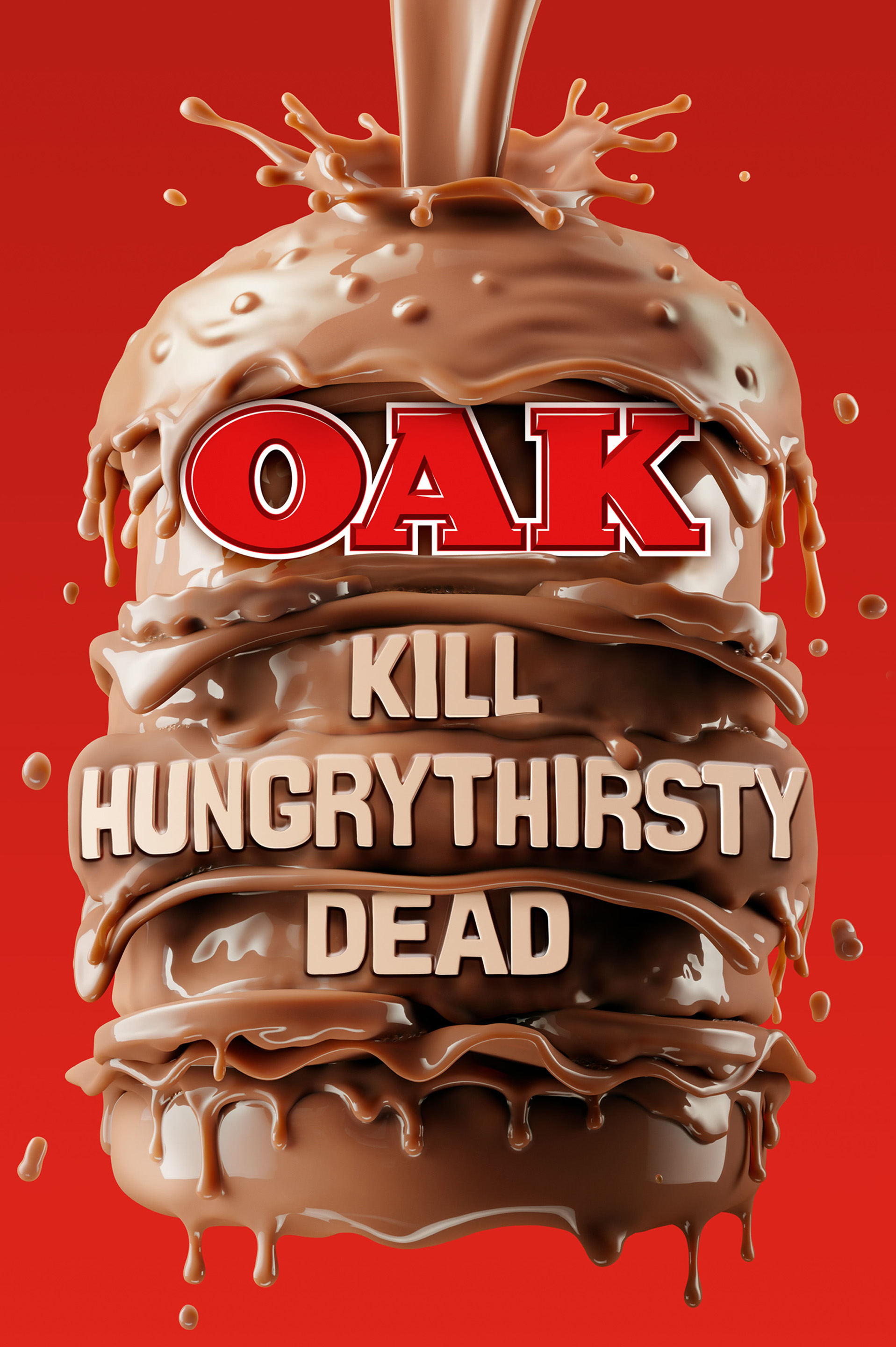 Chocolate liquid is poured on a burger-shaped dessert with words 'OAK' in bold red letters against a bright red background.