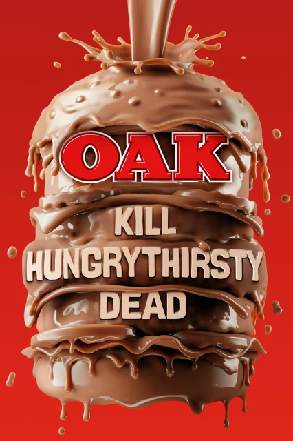 Chocolate liquid is poured on a burger-shaped dessert with words 'OAK' in bold red letters against a bright red background.