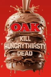 A stylized layered chocolate product sculpture drenched in splashing chocolate syrup against a solid red background with overlaid typography.