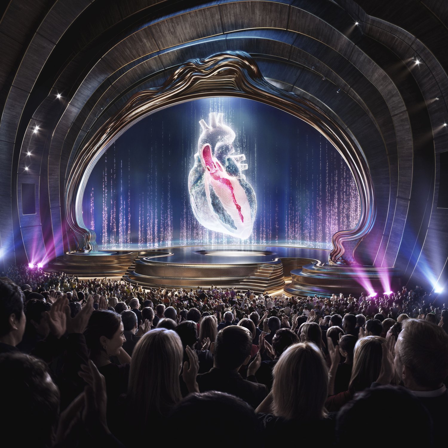 Holographic human heart on stage with large audience in theatre. Stage lighting and large arched architecture in background.