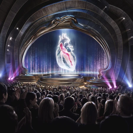 Holographic human heart on stage with large audience in theatre. Stage lighting and large arched architecture in background.