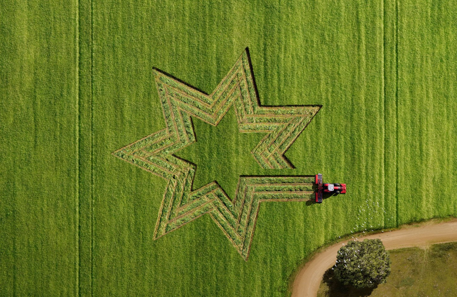 Aerial view of a tractor creating a large star shape in a green field, with a dirt path and tree visible on the field's border.