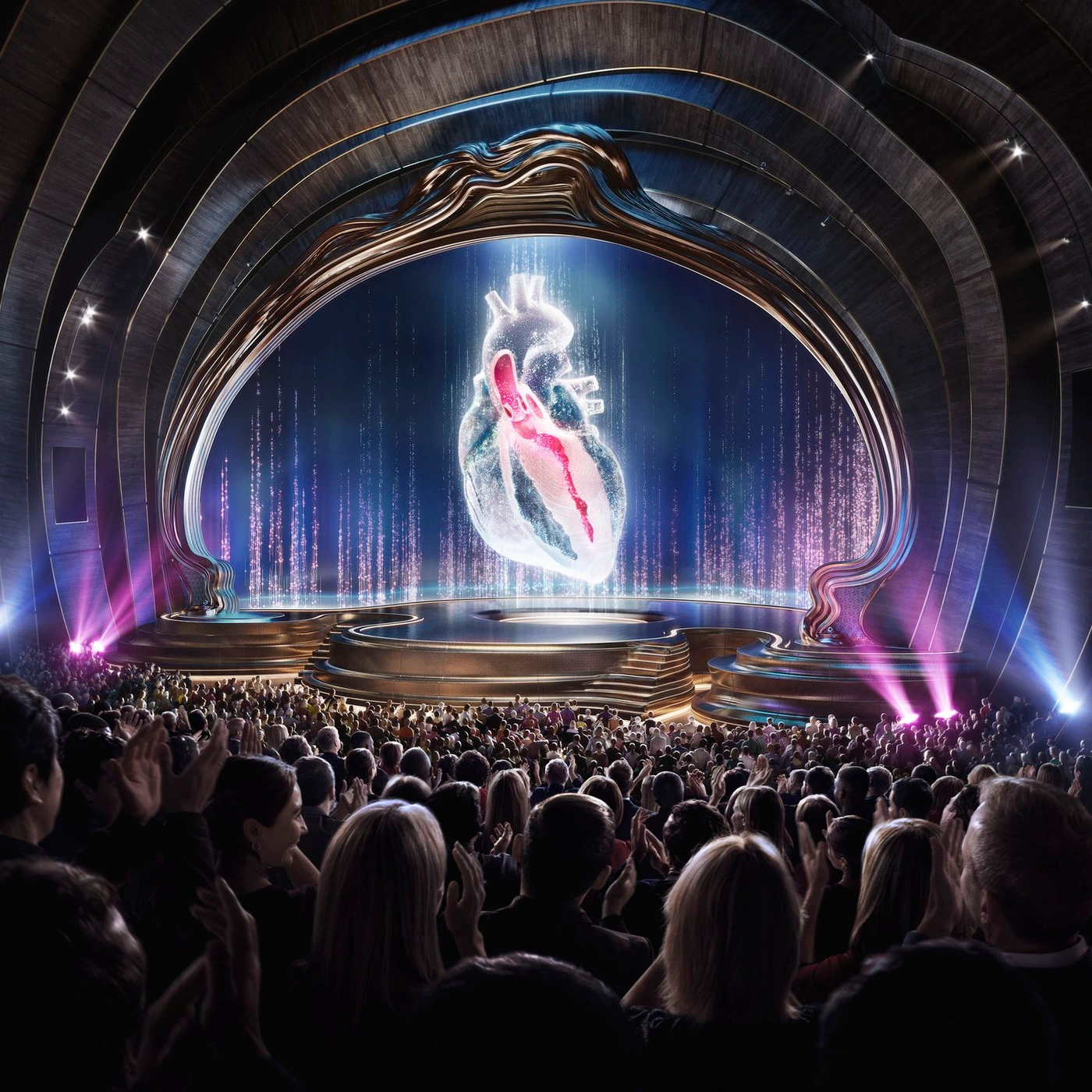 Glowing holographic human heart projection on a grand theater stage viewed from an auditorium audience