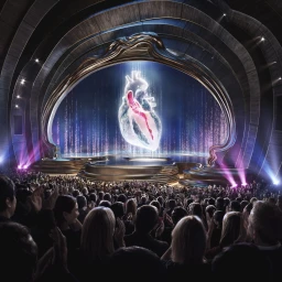 Glowing holographic human heart projection on a grand theater stage viewed from an auditorium audience