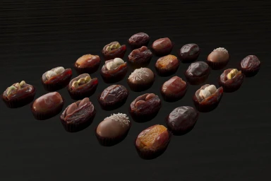 An arrangement of stuffed dates in individual paper cups on a dark wooden surface, retouched by Electric Art.