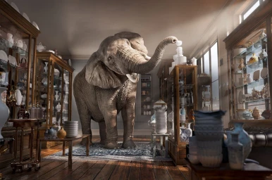 An African elephant stands inside a china shop, delicately balancing a small teacup on the tip of its trunk.