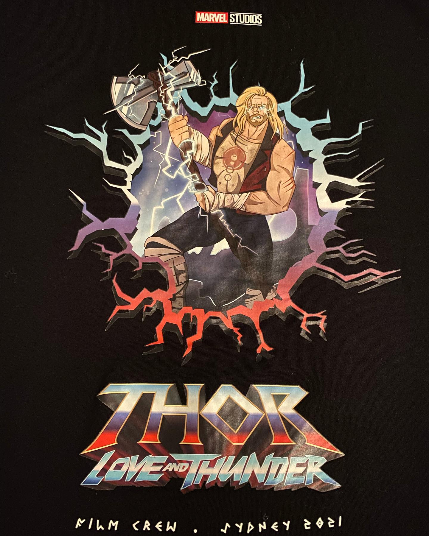 Illustration of Thor holding Stormbreaker with a lightning background, title text "Thor Love and Thunder" at the bottom.