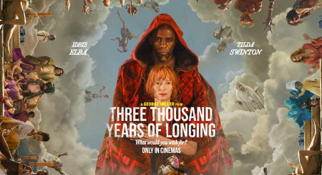 Movie poster for Three Thousand Years of Longing featuring Idris Elba and Tilda Swinton against a sky background with figures.