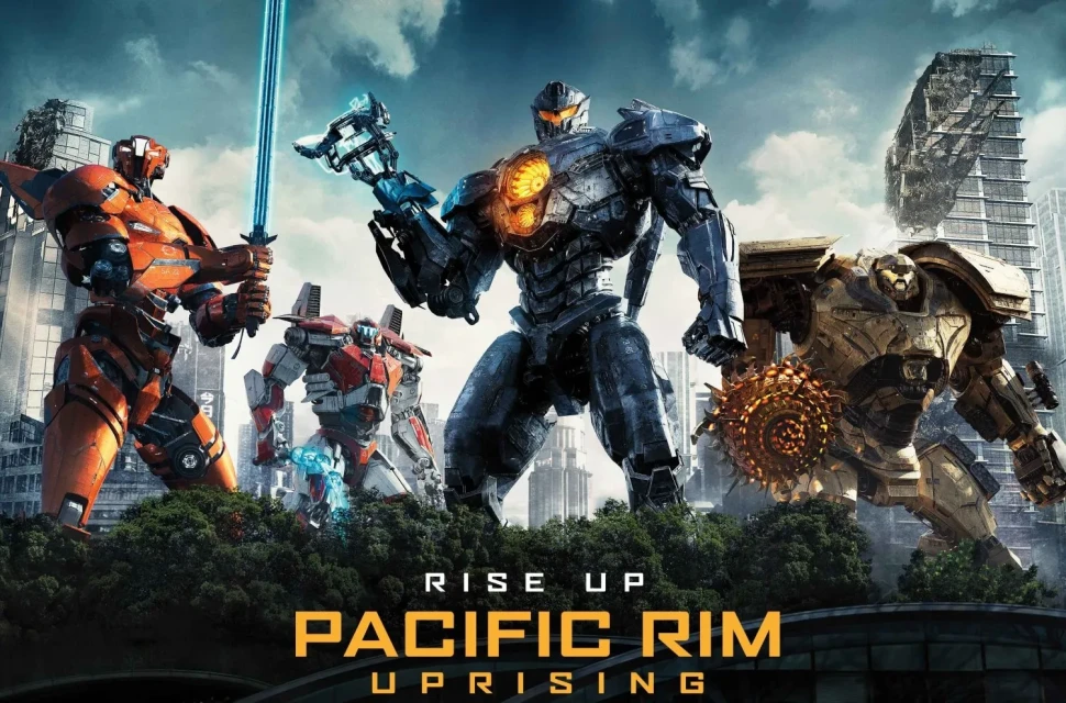 Movie poster featuring four futuristic robots in an urban setting, for the film Pacific Rim Uprising, showcasing science fiction and action elements.