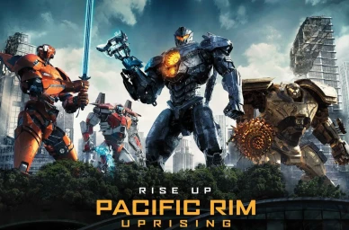 Giant mechanical robots standing amidst a destroyed urban skyline with smoke and dramatic clouds.