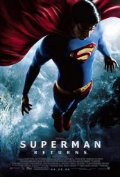 Brandon Routh as Superman soaring downwards through swirling clouds with a flowing red cape and blue suit.