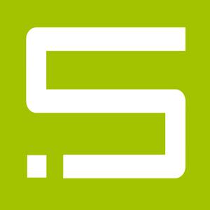 Abstract digital art featuring a green square with a stylized letter 'S' logo against a solid green background.