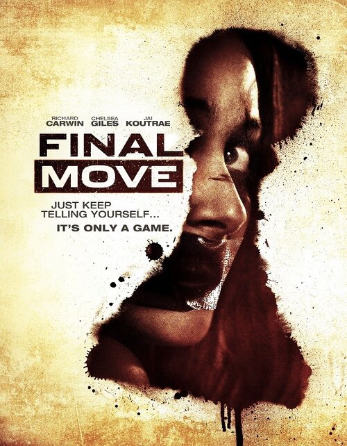 Dramatic movie poster featuring a close-up of a person's face, partially obscured by splatters and overlaid with film title text.