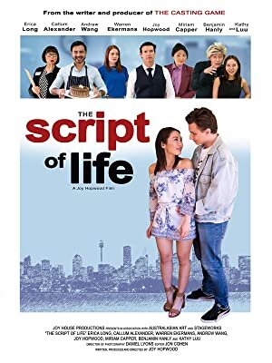 Movie poster featuring a group of actors and a couple standing in front of a skyline with red and white text: "The Script of Life."