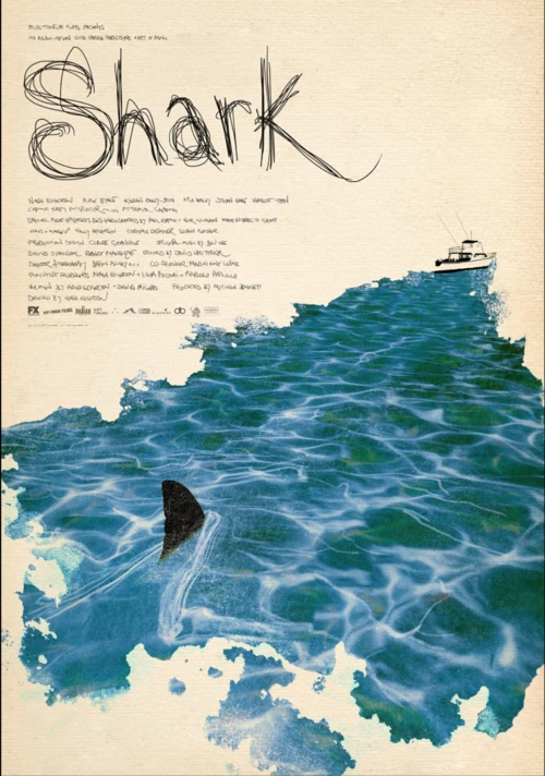 A stylized poster titled Shark featuring a dark fin breaking the surface of textured blue water on a cream paper background.