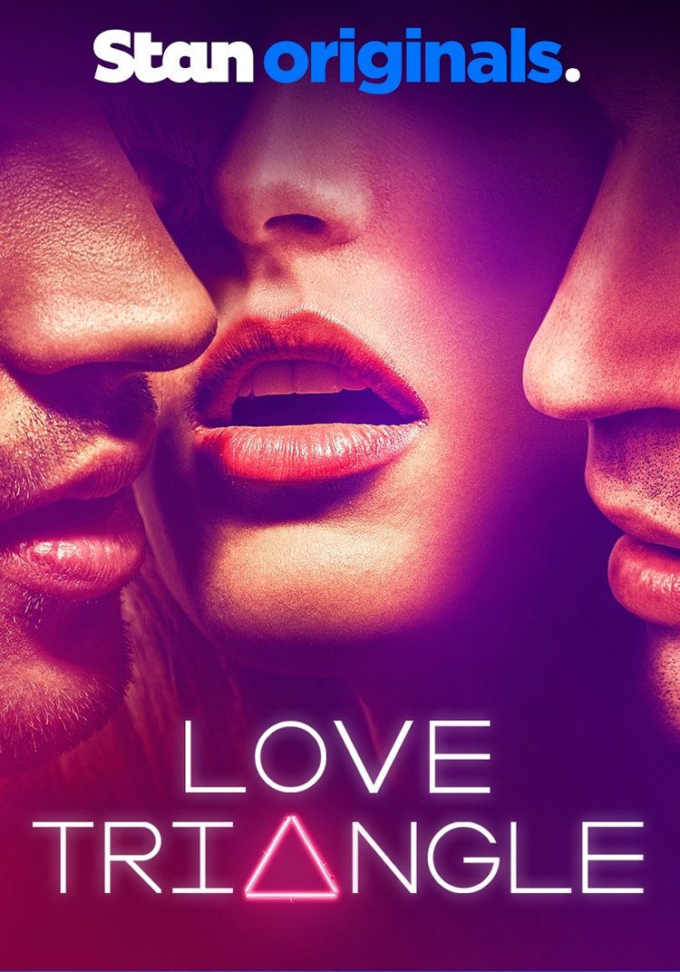 Three people are suggested in a promotional image for Stan Originals' show 'Love Triangle' against a gradient purple background.