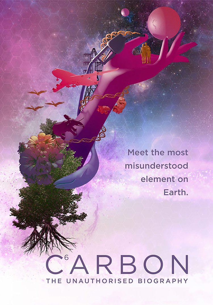 Stylized carbon molecule design with hand, tree, airplane, whale, DNA helix, figures, and text against a cosmic purple backdrop.