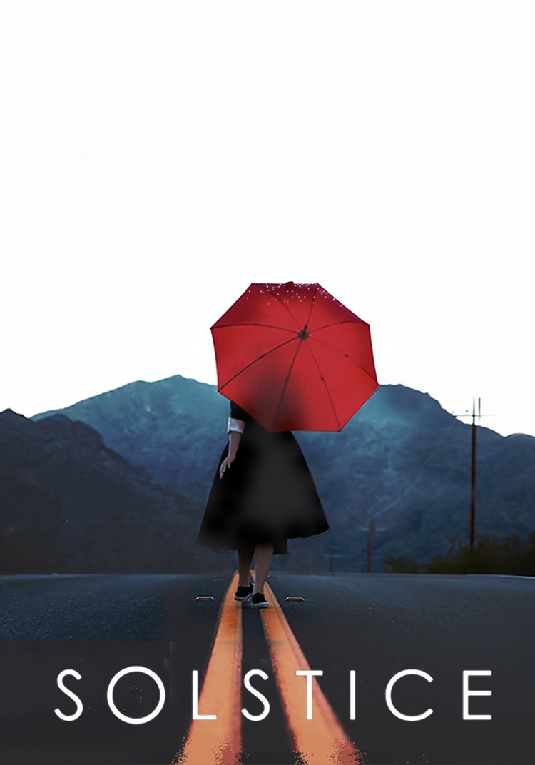 A woman with a red umbrella walks down a road with a mountain range in the distance under a cloudy sky, showcasing a solitary scene.