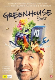 Close-up poster of a smiling man with a miniature eco-house, vegetables, flowers, and animals sprouting from his head.