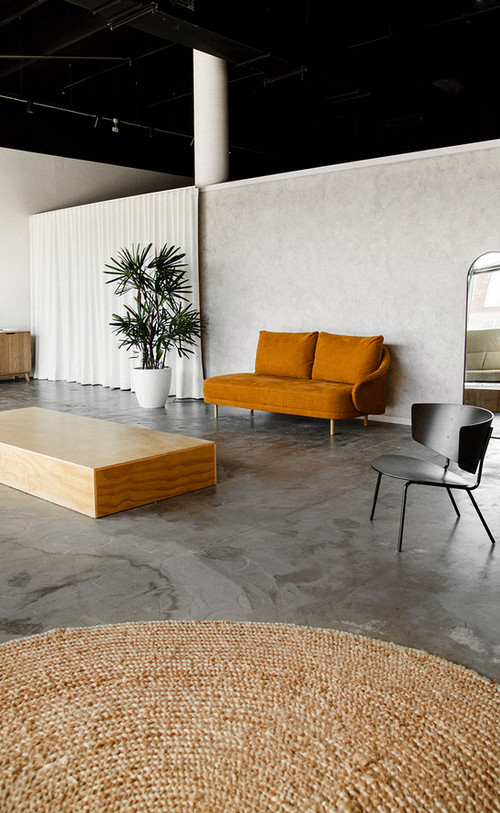Modern living room setup with an orange sofa, minimal decor, jute rug, and plant in a bright, airy space.