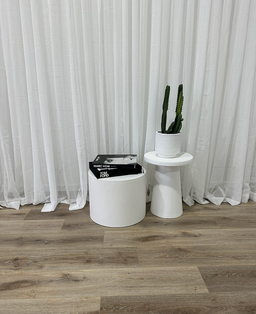 Interior still life: White cylindrical tables, potted cacti, and stacked books against a sheer white curtain backdrop.