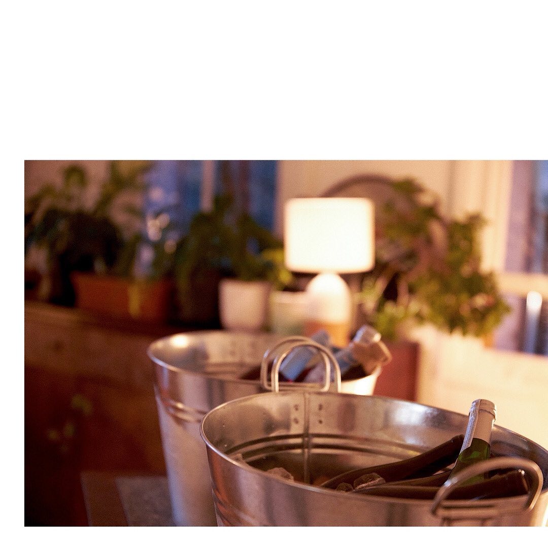 Two metal ice buckets containing bottles and ice, situated on a wooden surface with a lamp and plants in the soft-focus background.