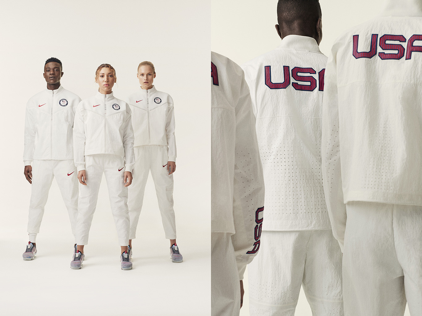 Three people wearing matching white tracksuits with red accents, standing in a line against an off-white background, athletic apparel.