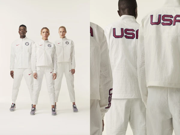 Three people wearing matching white tracksuits with red accents, standing in a line against an off-white background, athletic apparel.