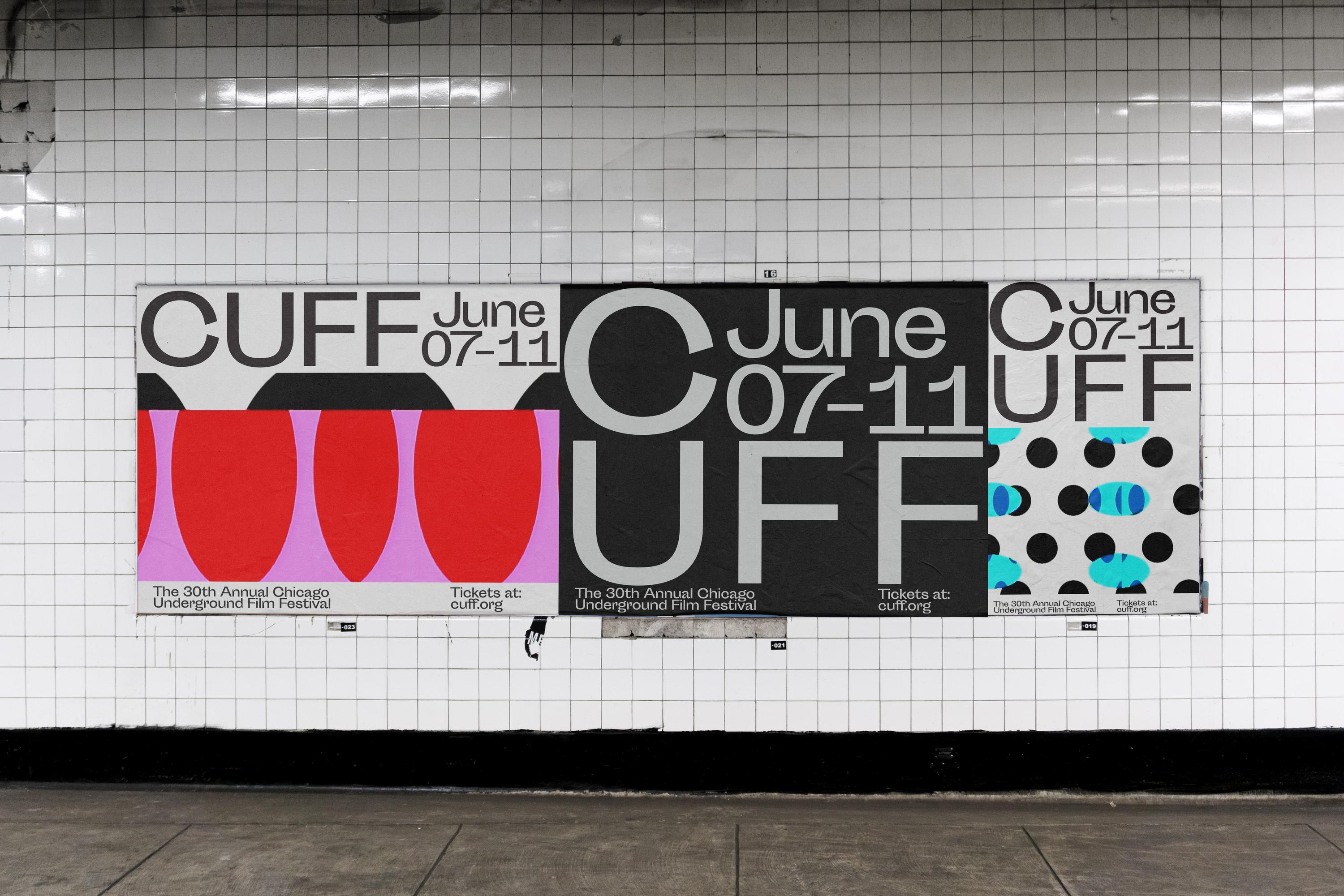 Abstract poster for the Chicago Underground Film Festival featuring graphic typography and bold geometric shapes displayed on subway tiles.