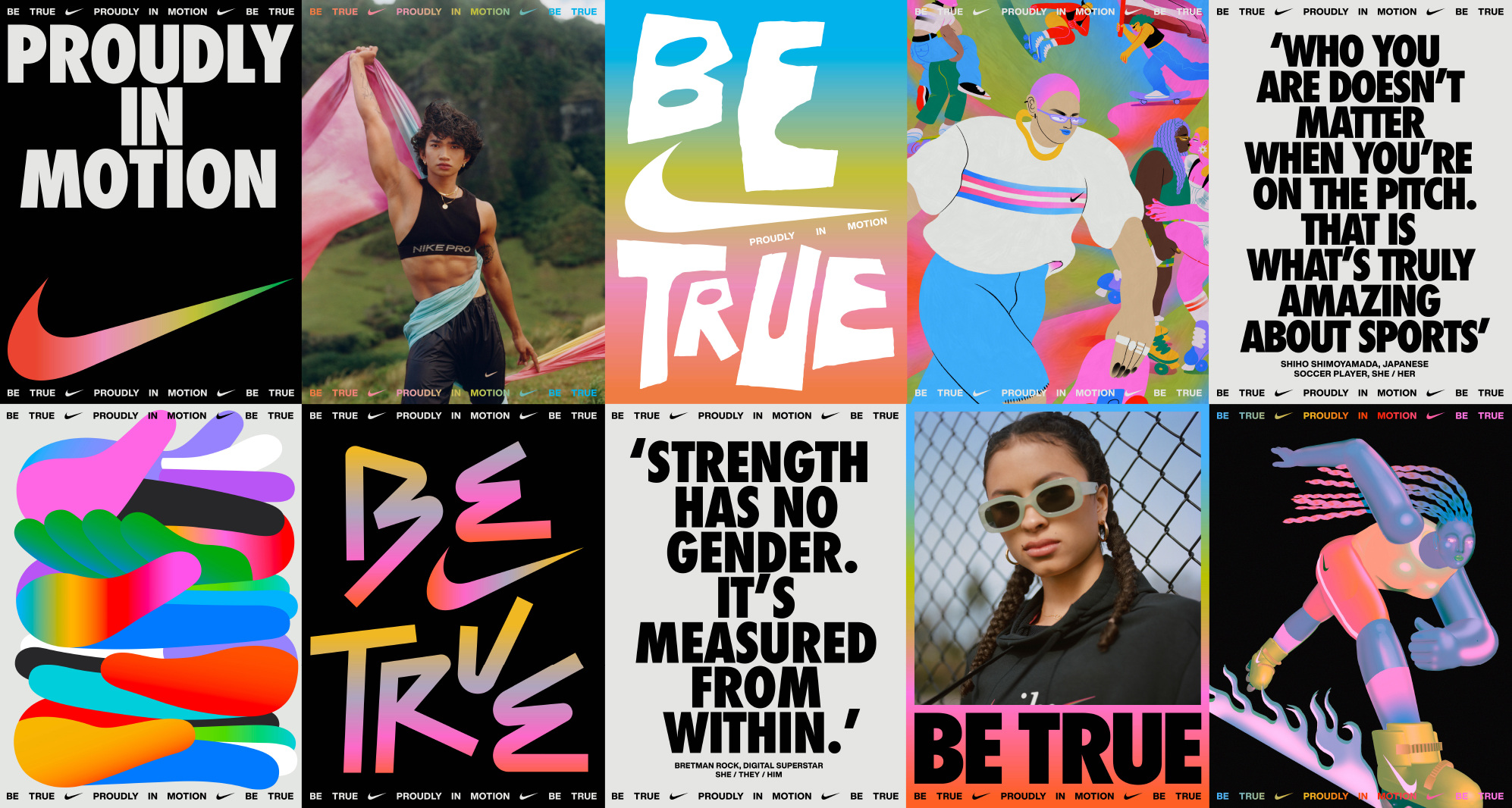 Nike's 'Be True' campaign features diverse individuals and vibrant graphic designs promoting inclusivity and celebrating personal identity.