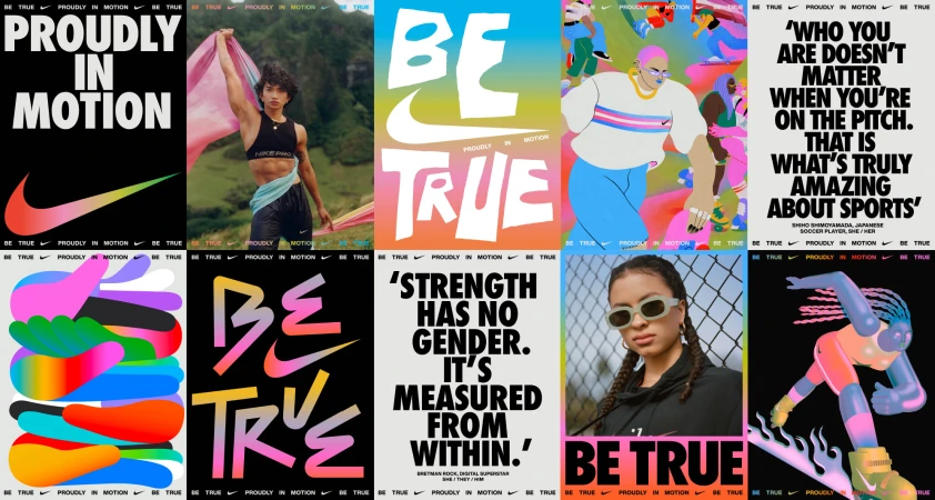 Nike's 'Be True' campaign features diverse individuals and vibrant graphic designs promoting inclusivity and celebrating personal identity.