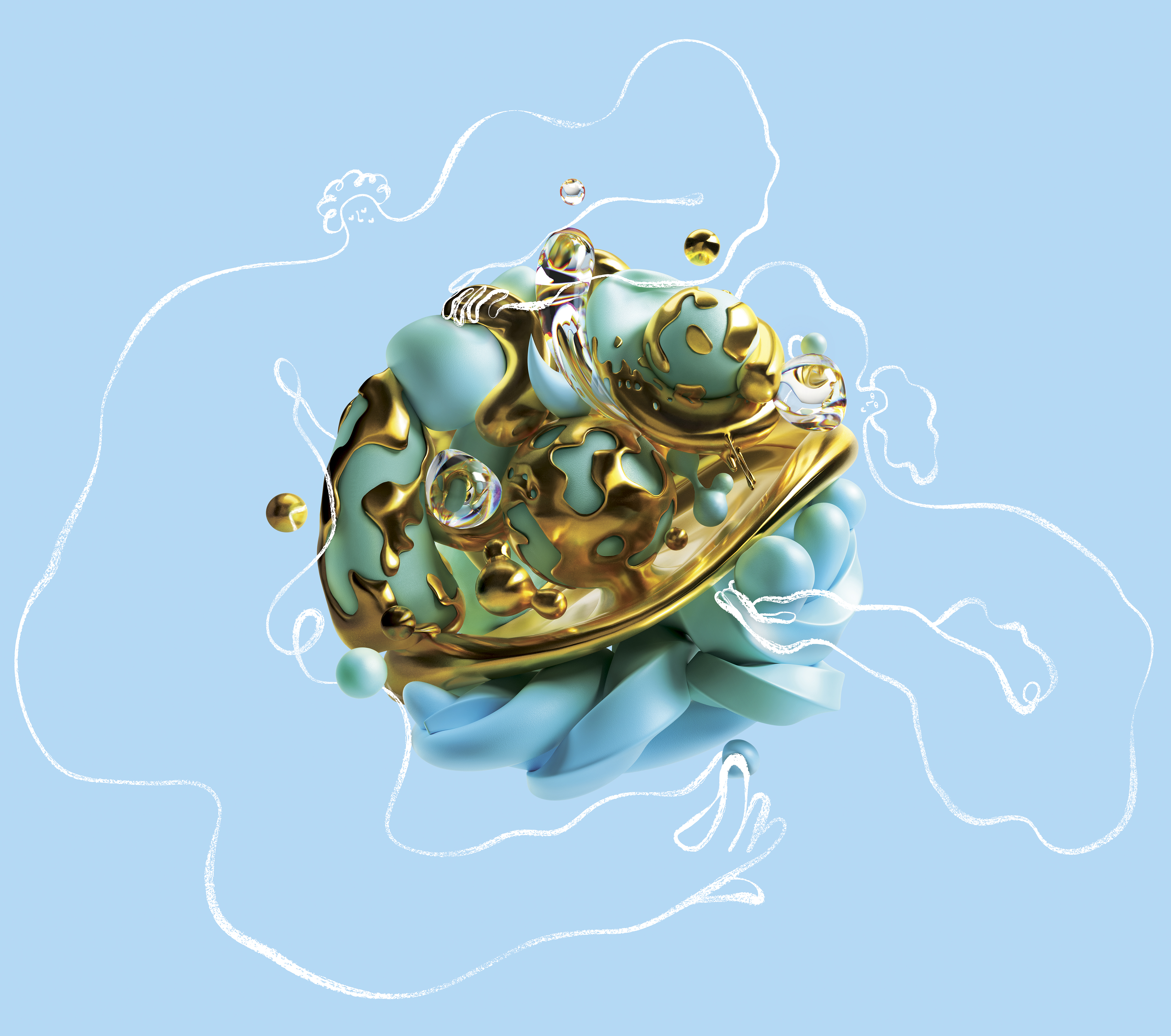 Abstract 3D render: a turquoise textured sphere with gold accents, surrounded by translucent spheres and white line art on light blue.