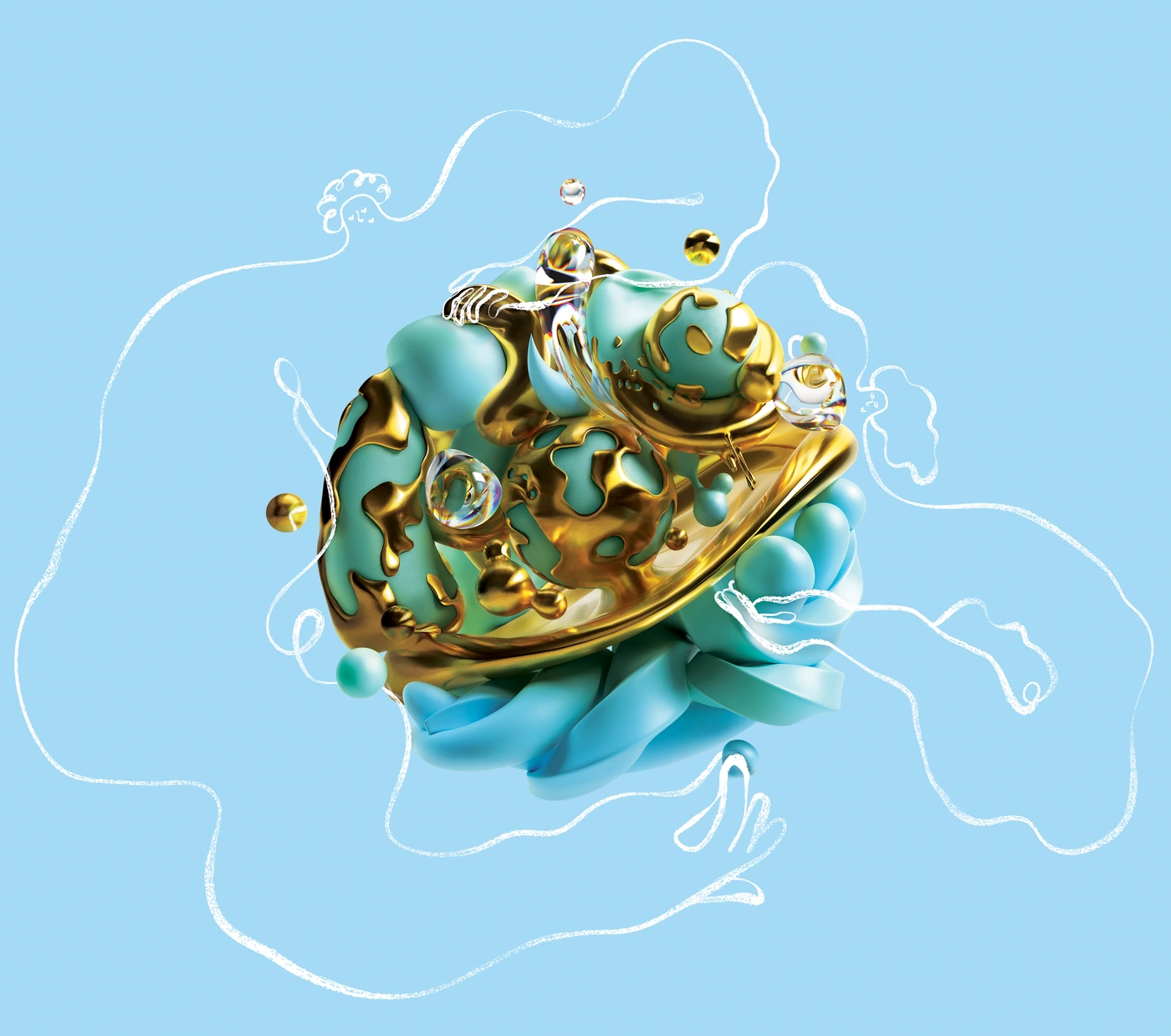 Abstract 3D digital sculpture featuring gold and turquoise metallic spheres surrounded by liquid splashes on a blue background