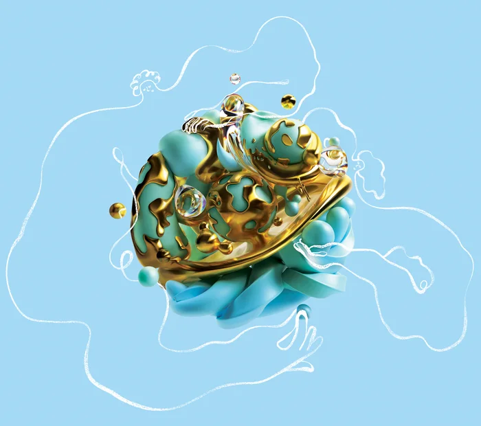 Abstract 3D digital sculpture featuring gold and turquoise metallic spheres surrounded by liquid splashes on a blue background