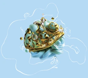 Abstract 3D digital sculpture featuring gold and turquoise metallic spheres surrounded by liquid splashes on a blue background