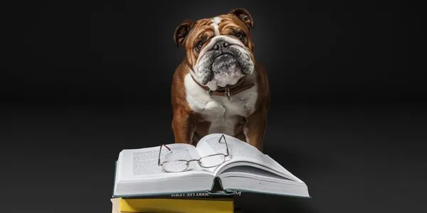 Bulldog sits behind an open book and reading glasses, looking directly at the viewer against a dark grey backdrop in studio lighting.