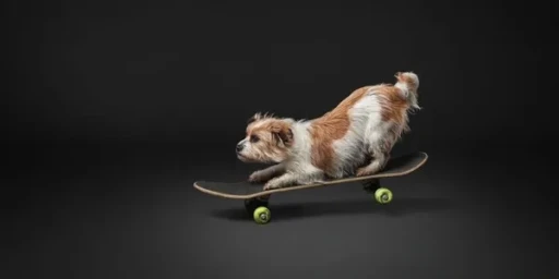A small wire-haired terrier dog riding a black skateboard with green wheels against a dark grey background.
