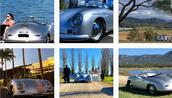 Collage of six images featuring a silver Porsche 356 convertible in various outdoor settings with natural light.