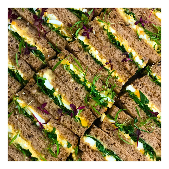 Overhead shot of rows of dark bread finger sandwiches with egg salad and sprouts, arranged on a white surface.
